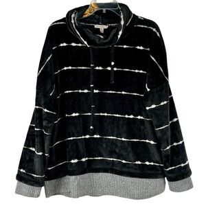 Como Vintage Black White Striped Drawstring Cowl Neck Sweatshirt XXL